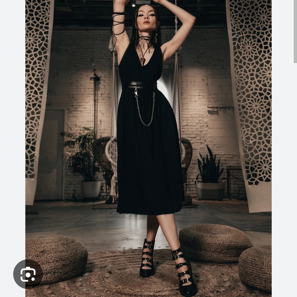 Disturbia Black Gothic Midi Dress with Chain Belt